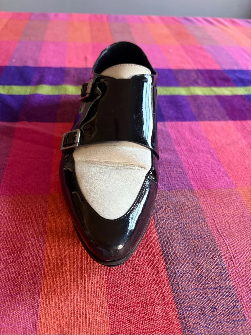 Women’s  Black Patent Leather Double Monk Strap Shoes size 39 in black and white